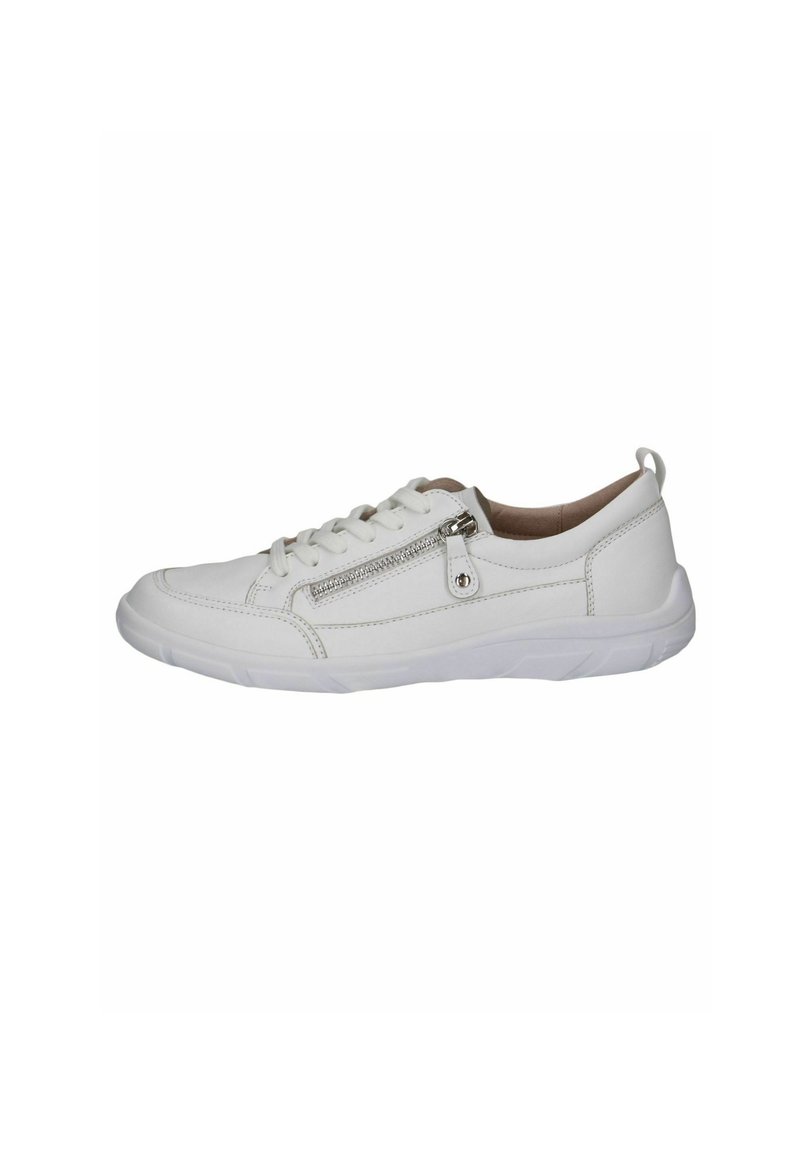 Valged sneakers, millel on sile nahkviimistlus, nööriga esiosa ja külgkinnitus. Pehme tald ja peened õmbluse detailid.