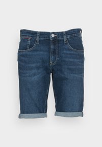 Shorts de mezclilla azul oscuro con dobladillo enrollado, cinco bolsillos y un cierre de botón metálico con una textura sutil.