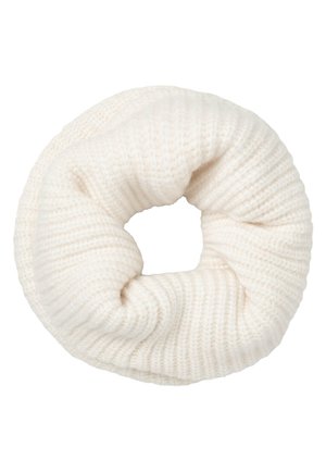 Tykt strikket, cremefarvet evighedstørklæde med ribbet tekstur, arrangeret i en cirkulær form mod en hvid baggrund.