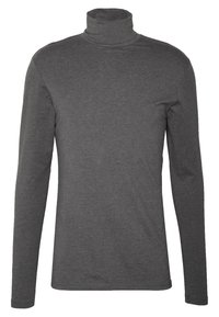 Dunkelgraues Langarm-Turtleneck-Shirt aus einem schlichten, glatten Stoff mit enganliegendem Schnitt.
