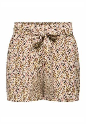 Shorts da donna a vita alta con motivo astratto a zig zag beige, rosa e marrone e cintura in stoffa legata in vita.