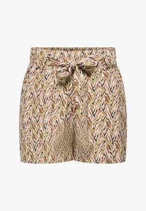 Shorts da donna a vita alta con motivo astratto a zig zag beige, rosa e marrone e cintura in stoffa legata in vita.