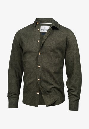 Ciemnozielona koszula na guziki wykonana z fakturowanej tkaniny. Posiada klasyczny kołnierzyk, długie rękawy i jasne guziki. Casualowy design.
