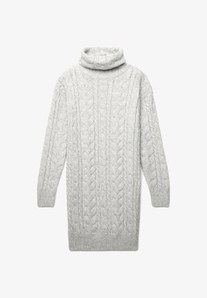 Pull en tricot cable gris clair avec col roulé, manches longues et ourlet côtelé. Fabriqué en un mélange de laine texturé pour chaleur et confort.