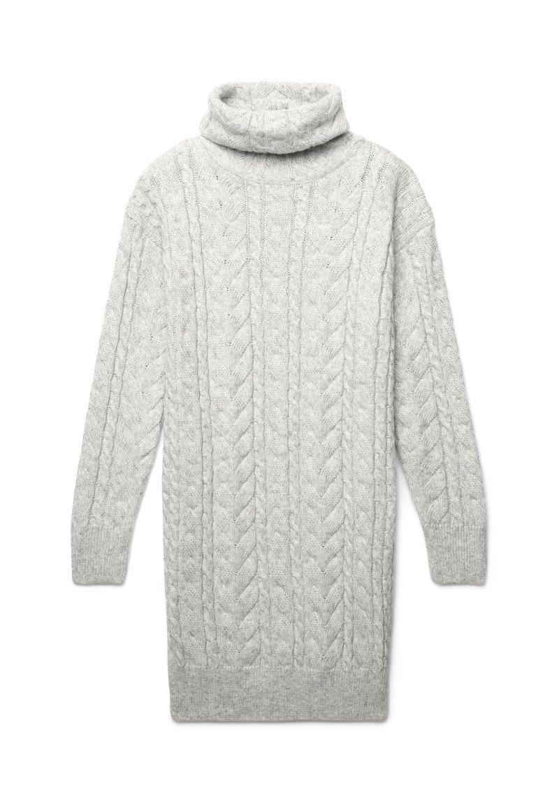 Maglione grigio chiaro a treccia con colletto alto, maniche lunghe e orlo a coste. Realizzato in una miscela di lana testurizzata per calore e comfort.