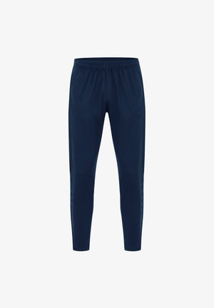 Navy athletic pants with an elastic waistband, tapered legs, and subtle side panel accents. Made from smooth, lightweight material.