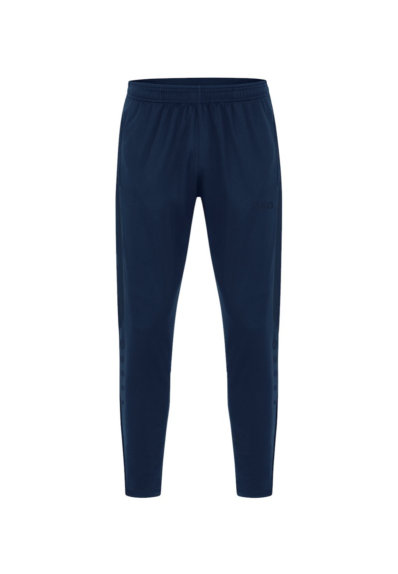 Marineblauwe sportbroek met een elastische tailleband, taps toelopende pijpen en subtiele zijpaneelaccenten. Gemaakt van een glad, lichtgewicht materiaal.