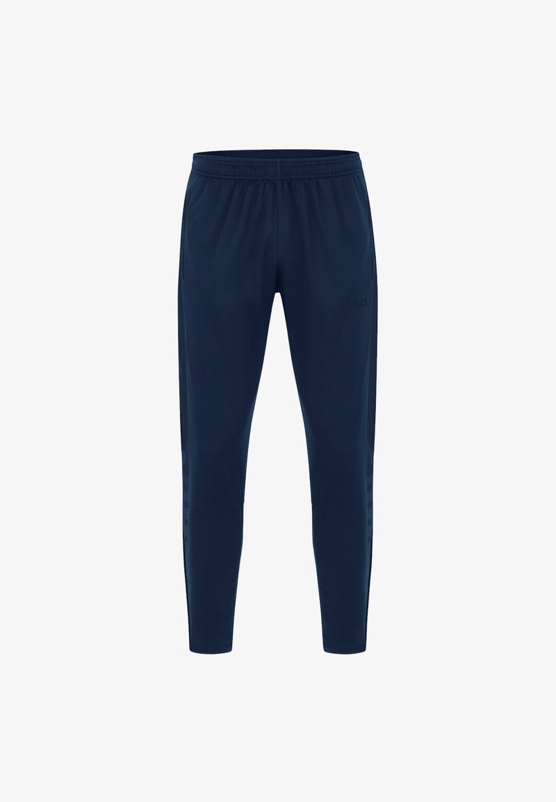 Marineblauwe sportbroek met een elastische tailleband, taps toelopende pijpen en subtiele zijpaneelaccenten. Gemaakt van een glad, lichtgewicht materiaal.
