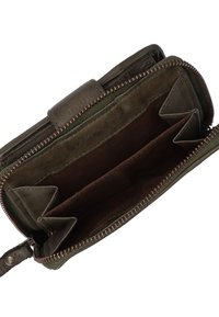 Green leather wallet with brown interior. Features zip closure, multiple card slots, and a textured finish. Compact and functional design.
