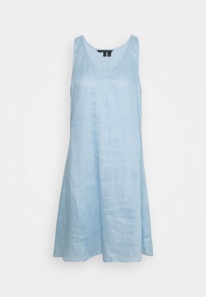 Bezrukávové, světle modré lněné šaty s výstřihem do V a mírně rozšířenou siluetou do A.
