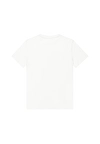 Camiseta blanca de manga corta hecha de suave tela de algodón. Cuello redondo sencillo sin patrones ni adornos.