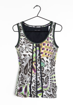 Sleeveless sports tank top with black trim, featuring abstract animal print patterns in black, white, yellow, and neon green, hanging on black hanger.