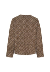 Brun mønstrede langærmede bluse med et diamantmotiv i blå og creme, med rund halsudskæring og struktureret stof.