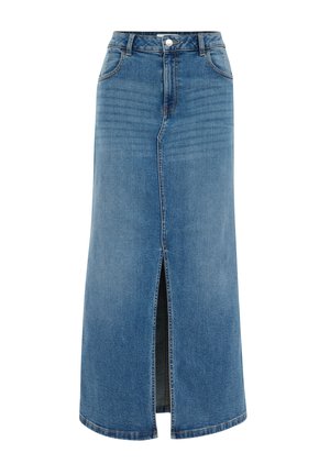 Heled denim maxi seelik helesinisena, sirge lõike, esise lõhe, viie tasku ja nähtava õmblusega. Klassikaline nööbikinnitusega.