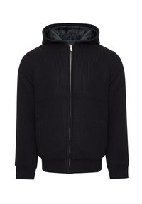 Sort hætte zip-up sweater med ribbet struktur, to sidelommer og en glat foring. Har tætsiddende manchetter og kant.