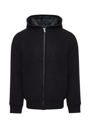 Black hooded zip-up sweater with ribbed texture, two side pockets, and a smooth lining. Features fitted cuffs and hem.