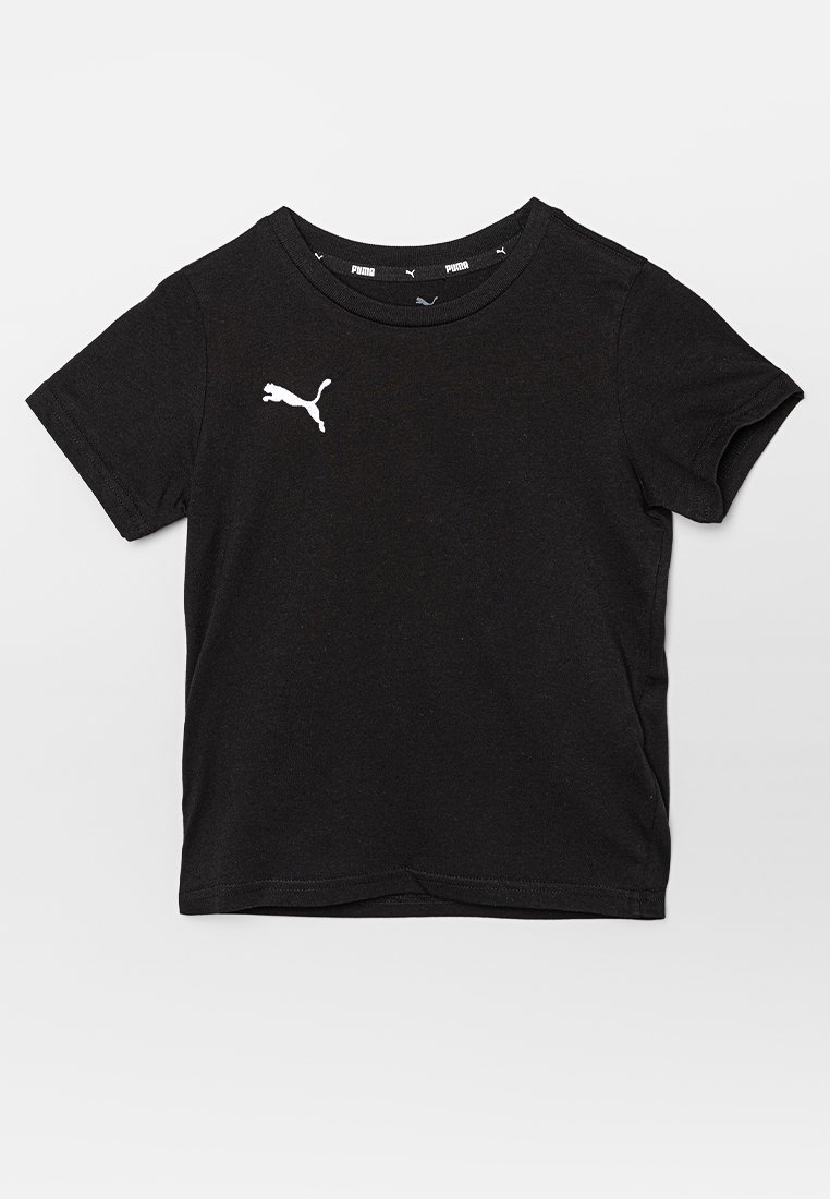 Schwarzes Puma-T-Shirt mit kurzen Ärmeln und weißem Puma-Logo auf der linken Brust, Rundhalsausschnitt und sichtbarem Markenhals.