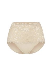 Beige high-waist ondergoed met brede kanten tailleband met bloemenpatronen en golvende randen, naadloze stoffen basis.
