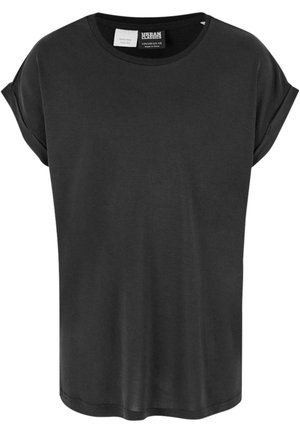 Svart t-shirt med kort ärm i mjukt tyg, med rund halsringning och uppvikta ärmkantar, som har en lös passform för komfort.