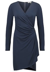 Robe portefeuille bleu marine à manches longues avec fronces latérales et ourlet asymétrique, dotée d'un col en V et d'une fermeture éclair dans le dos.