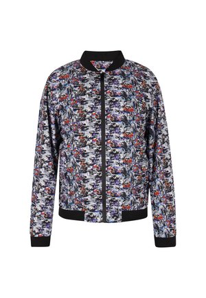 Chaqueta bomber con un patrón abstracto Colorido sobre un fondo gris, con un cuello y puños acanalados en negro, y un cierre frontal con cremallera.