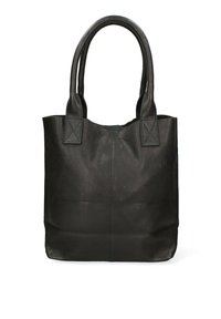 Zwarte leren schoudertas met gestructureerd oppervlak, twee stevige handvatten en contraststiksel. Rechthoekige vorm, minimalistisch ontwerp.