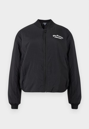 Veste bombers noire zippée avec col côtelé, poignets côtelés et logo "New Balance Athletics" sur le côté gauche de la poitrine.