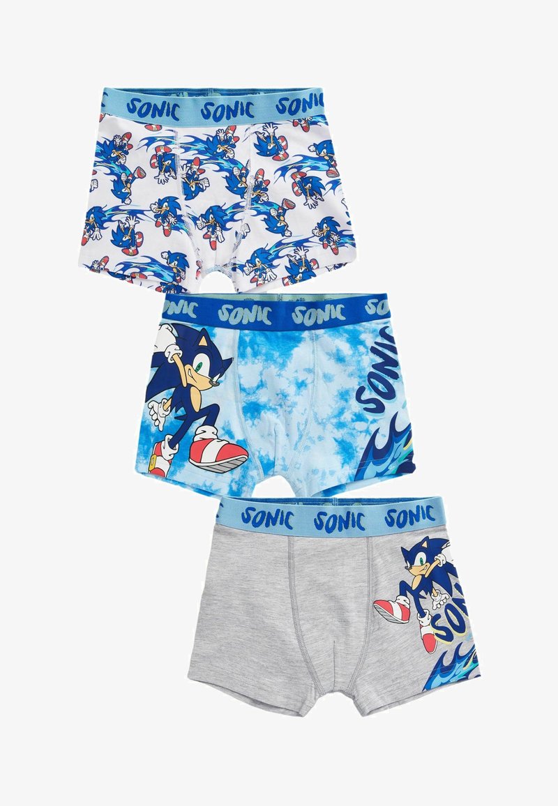 Kolme paria poikien bokseritrikoita, joissa on Sonic the Hedgehog -teema. Materiaali: puuvillasekoite. Värit: valkoinen, sininen, harmaa, joissa on sarjakuvakuviot ja sininen vyötärö.