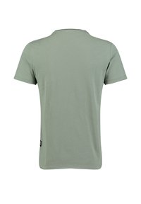 Camiseta de algodón verde claro, de mangas cortas, cuello redondo, diseño liso sin patrones, con una pequeña etiqueta en el lado izquierdo.