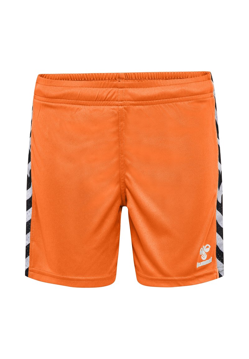 Oranga idrottsshorts med elastisk midja, med sidopaneler i svart och vitt chevronmönster och en liten logotyp på framsidan.