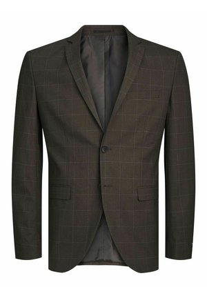 Donkerbruine blazer met een geblokt patroon. Voorzien van notch-lapels, twee knopen en zijzakken. Binnenvoering van contrasterende stof.
