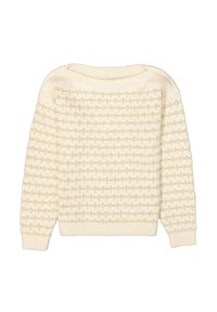 Gebreide trui in crème, met een textuurpatroon en subtiele metallic accenten, geribde halslijn en manchetten, comfortabele pasvorm.