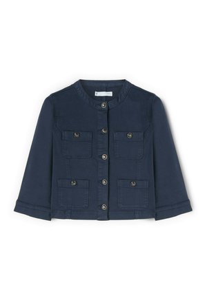 Marineblaue Langarmjacke mit Rundkragen, vier vorderen Taschen mit Knöpfen und sechs sichtbaren Knöpfen entlang der Mitte.