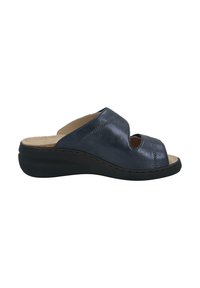 Dark blue leather slide sandal with open toes, stitched detailing, and a black wedge sole. Smooth texture with a contoured fit.