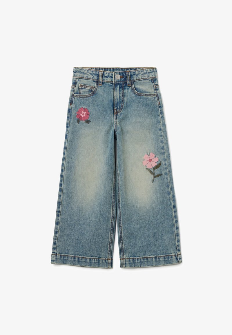 Helle blaue Denim-Culottes mit floralem Stickerei in Pink und Grün an beiden Beinen. Verfügt über einen Knopfverschluss und ein Fünf-Taschen-Design.