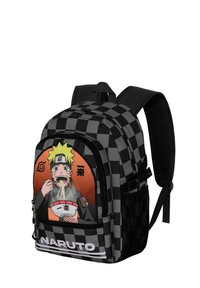 Sac à dos noir et gris à carreaux avec un graphisme Naruto à l'avant, doté d'un compartiment principal zippé et de bretelles rembourrées.