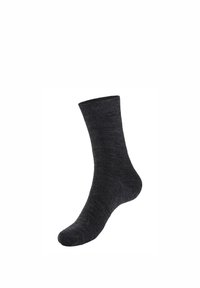 Dark gray wool sock, mid-calf length, textured knit pattern, flexible, with reinforced toe and heel for durability.
