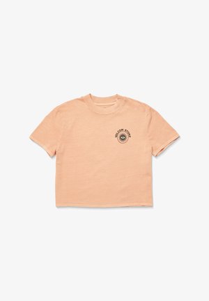 Perzik oogst t-shirt gemaakt van zachte katoen, met een ronde halslijn en korte mouwen. Een zwarte zon en het "Volcom Stone" logo op de borst.