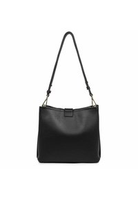 Borsa a tracolla in pelle nera con superficie texturizzata, forma rettangolare e una singola tracolla regolabile. Presenta un dettaglio con chiusura anteriore.