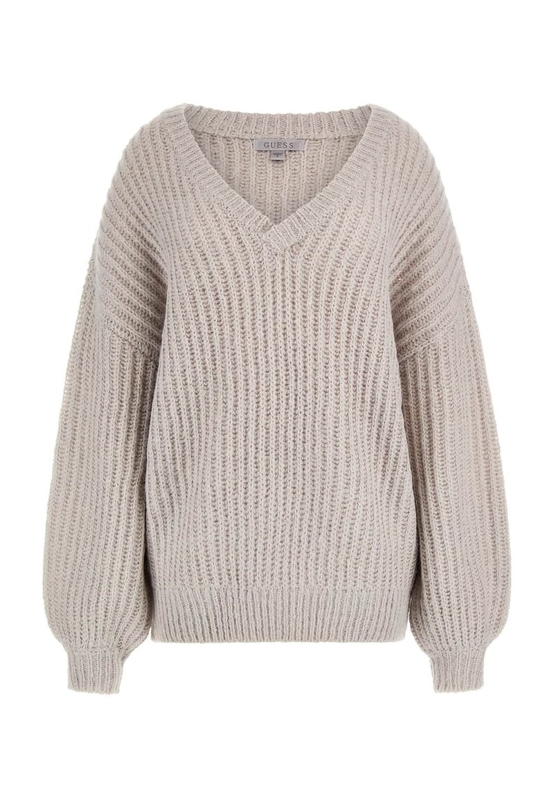 Helle beige Strickpullover mit V-Ausschnitt, geripptem Muster und Ballonärmeln. Er hat einen enganliegenden Saum und besteht aus weichem, kuscheligem Material.