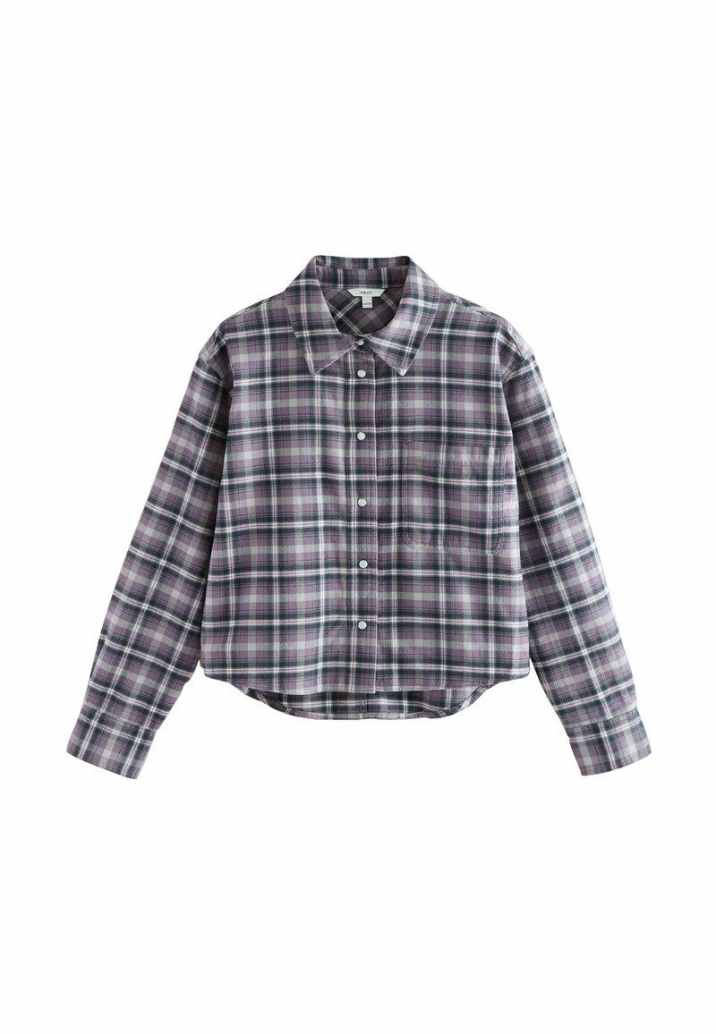 Chemise à carreaux coupée, à manches longues, dans des teintes de violet, vert et blanc. Dotée d'un col classique et d'une fermeture à boutons sur le devant. Texture de tissu douce.