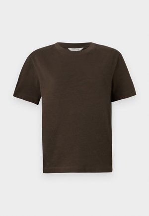 Mørkebrun bomulls t-skjorte med rund hals, korte ermer og en avslappet passform. Enkelt design uten synlige mønstre eller detaljer.