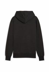 Hoodie noir en tissu doux, avec une grande capuche, des poignets côtelés et un ourlet côtelé. Pas de graphiques ou logos visibles.
