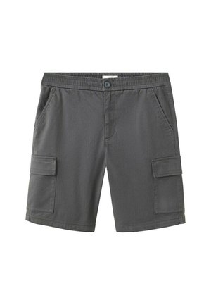 Pantaloncini casual grigio scuro con vita elastica, chiusura con bottone, tasche laterali e tasche cargo su entrambe le gambe.