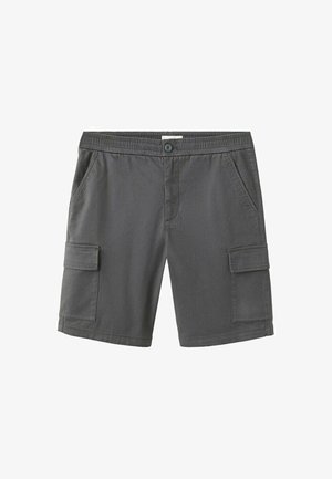 Donkere grijze casual shorts met elastische tailleband, knoopsluiting, zijzakken en cargozakken aan beide benen.