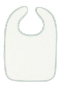 White cotton bib with a soft texture, featuring a rounded neck opening and a light blue trim along the edges.