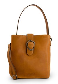 Sac à main en cuir marron avec une texture lisse, de forme rectangulaire, une petite poignée et un détail de boucle en métal décoratif. Comprend une bandoulière réglable.