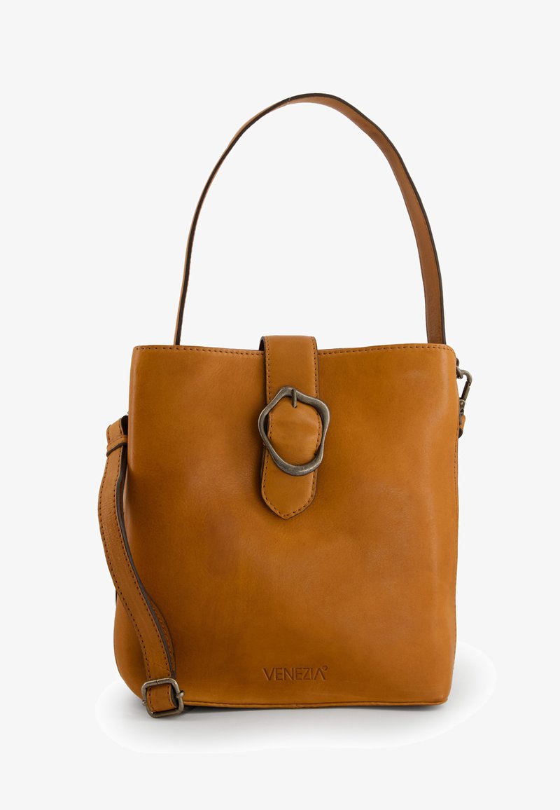 Brown leather handbag with a smooth texture, rectangular shape, a short handle, and a decorative metal buckle detail. Includes an adjustable strap.