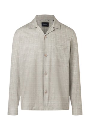 Lysebeige skjorte med knapper og subtil ternet mønster, lange ærmer, åben krave og brystlomme, mærket Maerz.