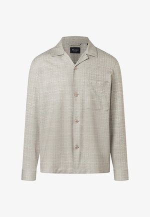Vaaleanbeige nappillinen paita, jossa hillitty ruutukuvio, pitkät hihat, avoin kaulus ja rintatasku, merkiltään Maerz.